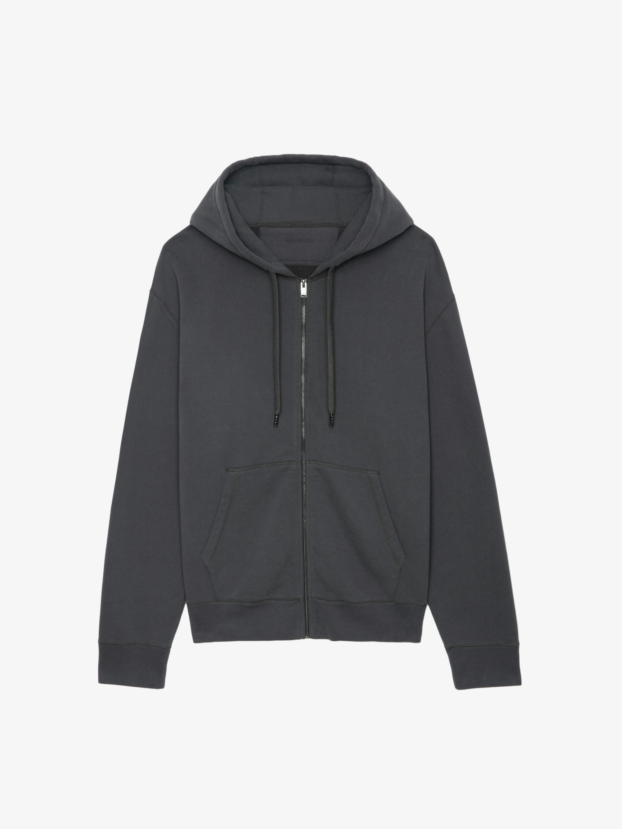 Sweatshirt Sacha - Grau meliertes Sweatshirt mit Reißverschluss, Kapuze, langen Ärmeln und "Voltaire"-Druck auf dem Rücken.